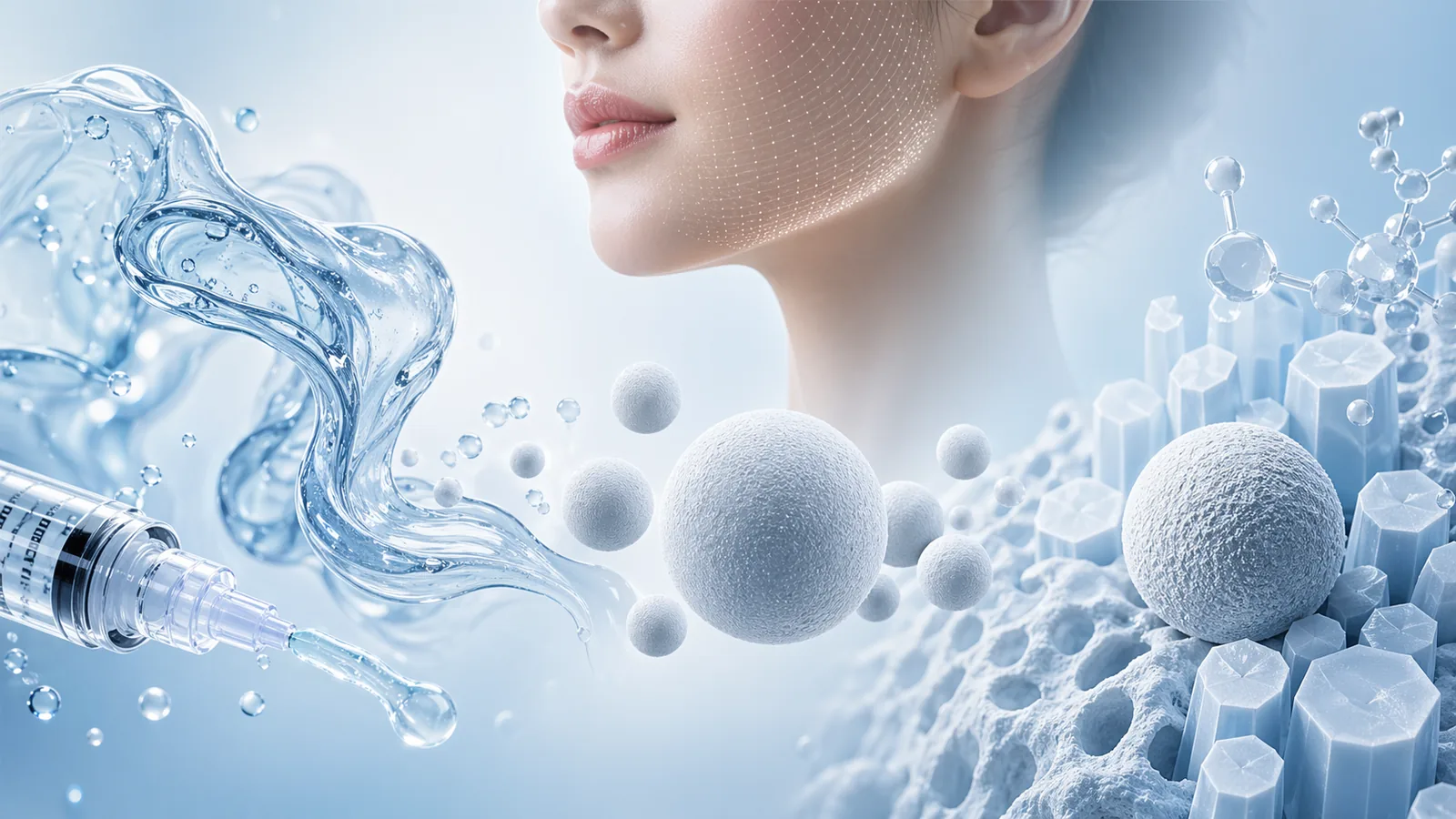 Aesthetic medicine illustration showing CMC gel flow and HA microspheres for hydroxyapatite microsphere formulations