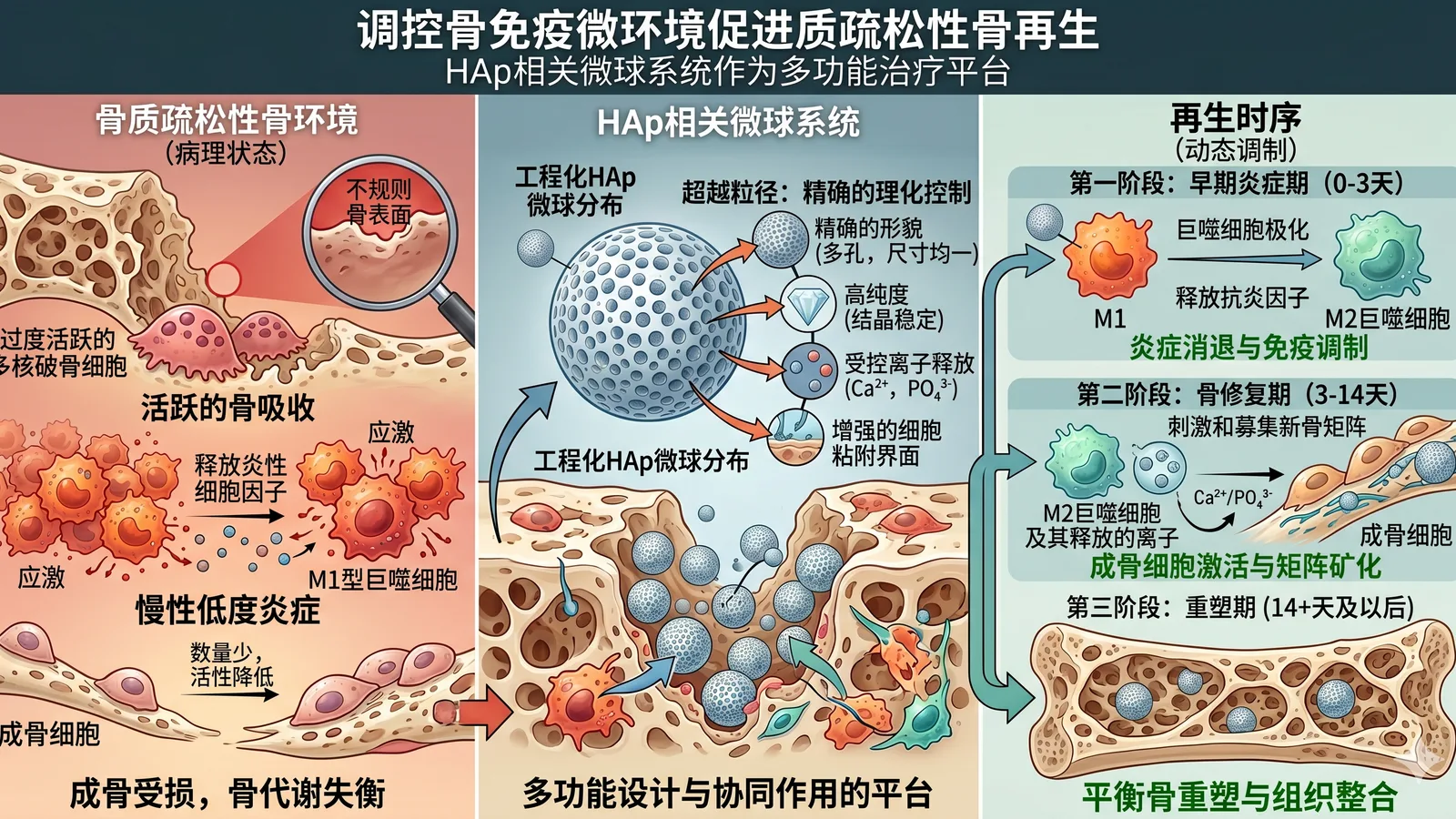 HAp相关微球调控骨免疫微环境促进骨质疏松性骨缺损修复示意图