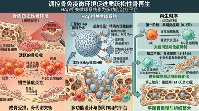 HAp相关微球调控骨免疫微环境促进骨质疏松性骨缺损修复示意图