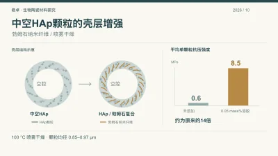 中空HAp颗粒壳层增强原创示意及单颗粒抗压强度0.6与8.5 MPa均值比较，非显微图